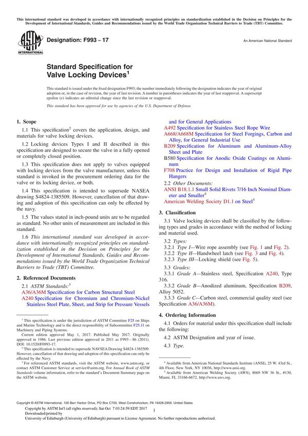 ASTM F993-17 Standard Specification for Valve Locking Device