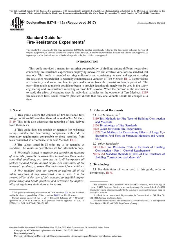ASTM E2748-12a(2017) Standard Guide for Fire-Resistance Experiment