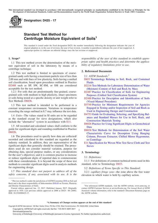 ASTM D425-17 Standard Test Method for Centrifuge Moisture Equivalent of Soil