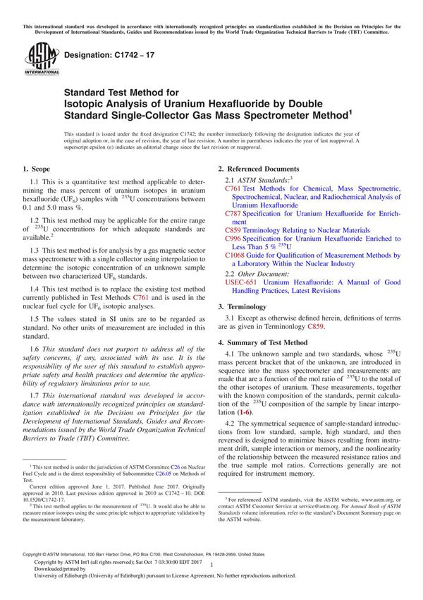 ASTM C1742-17 Standard Test Method for Isotopic Analysis of Uranium Hexafluoride by Double Standard Single-Collector Gas Mass Sp