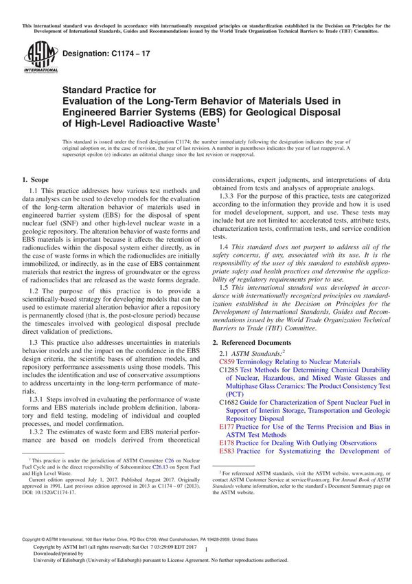 ASTM C1174-17 Standard Practice for Evaluation of the Long-Term Behavior of Materials Used in Engineered Barrier Systems (EBS) f