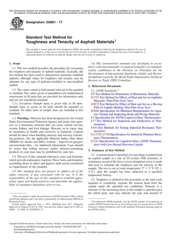 ASTM D5801-17 Standard Test Method for Toughness and Tenacity of Asphalt Material