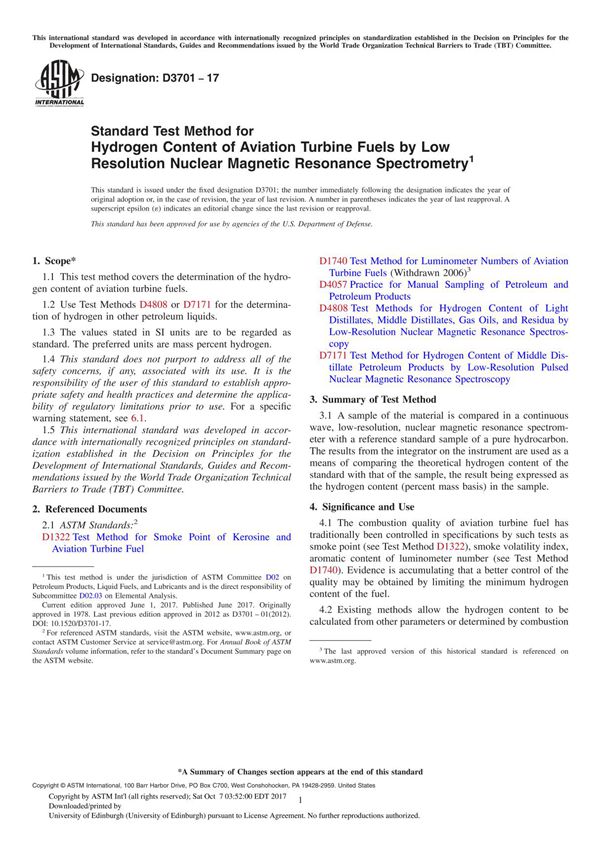 ASTM D3701-17 Standard Test Method for Hydrogen Content of Aviation Turbine Fuels by Low Resolution Nuclear Magnetic Resonance S
