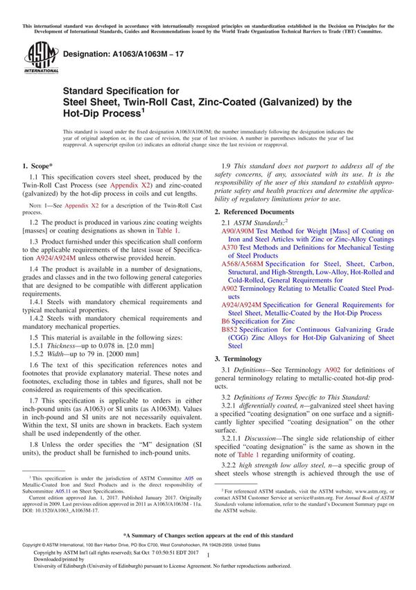 ASTM A1063A1063M-17 Standard Specification for Steel Sheet, Twin-Roll Cast, Zinc-Coated (Galvanized) by the Hot-Dip Proce