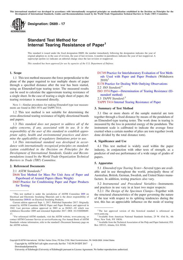 ASTM D689-17 Standard Test Method for Internal Tearing Resistance of Paper