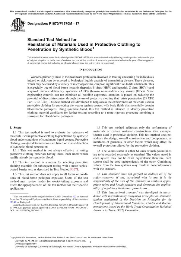 ASTM F1670 F1670M-17 Standard Test Method for Resistance of Materials Used in Protective Clothing to Penetration by Synthetic Bl