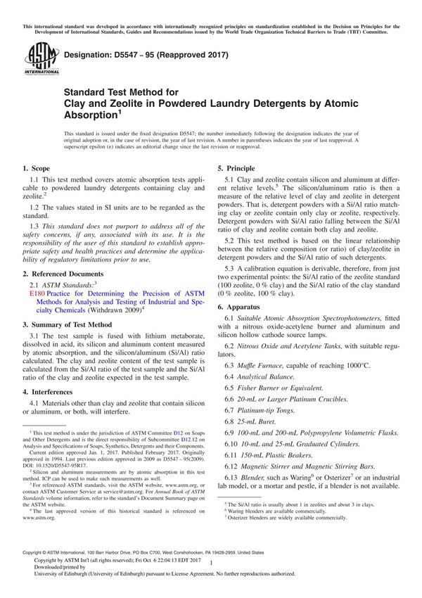ASTM D5547-95(2017) Standard Test Method for Clay and Zeolite in Powdered Laundry Detergents by Atomic Absorption