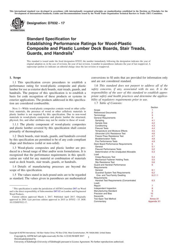 ASTM D7032-17 Standard Specification for Establishing Performance Ratings for Wood-Plastic Composite and Plastic Lumber Deck Boa