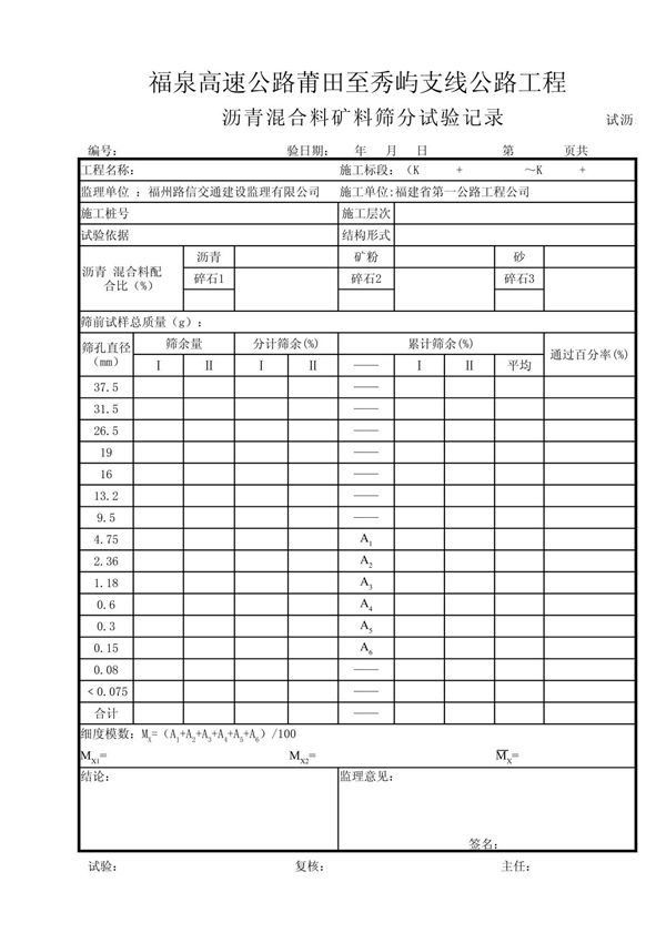 沥青混合料矿料筛分试验报告 (试沥表2-1)