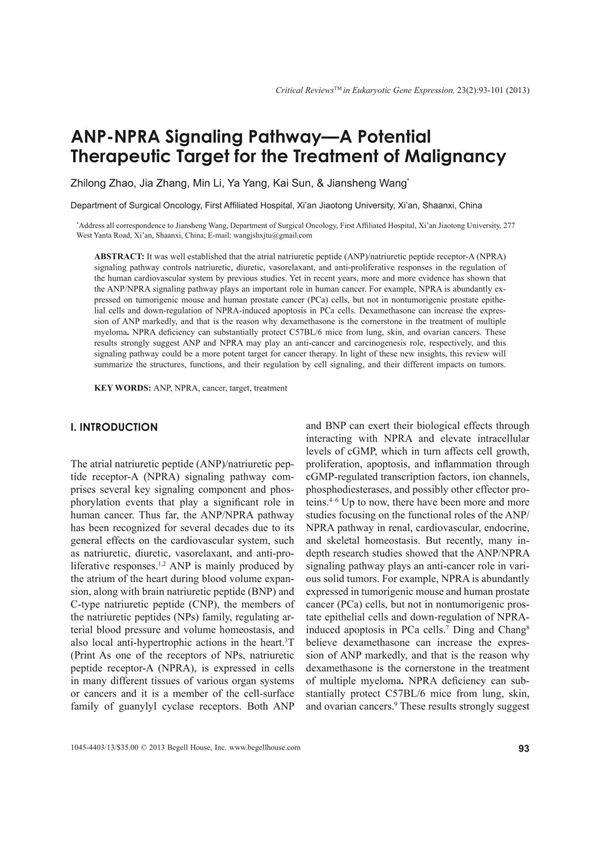 ANP-NPRA Signaling PathwayA Potential Therapeutic Target for the Treatment of Malignancy
