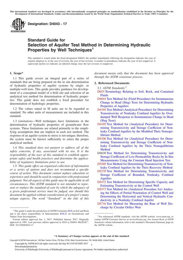 ASTM D4043-17 Standard Guide for Selection of Aquifer Test Method in Determining Hydraulic Properties by Well Technique