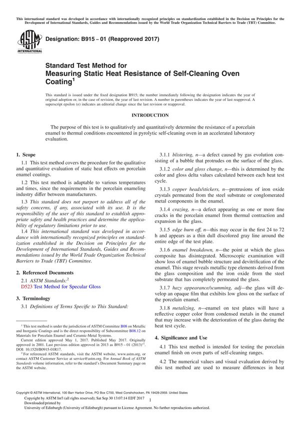 ASTM B915-01(2017) Standard Test Method for Measuring Static Heat Resistance of Self-Cleaning Oven Coating