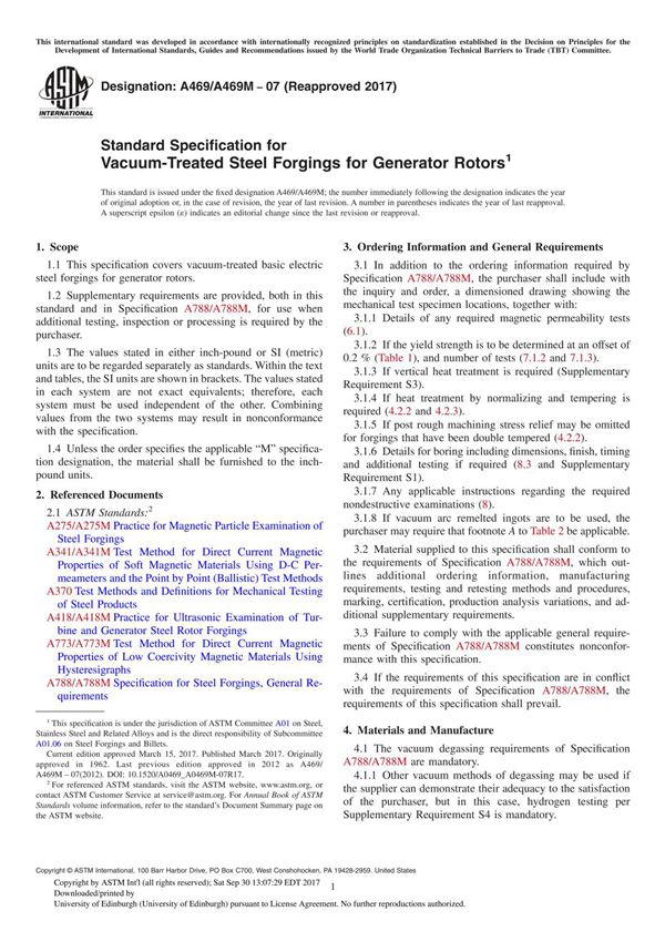 ASTM A469 A469M-07(2017) Standard Specification for Vacuum-Treated Steel Forgings for Generator Rotor