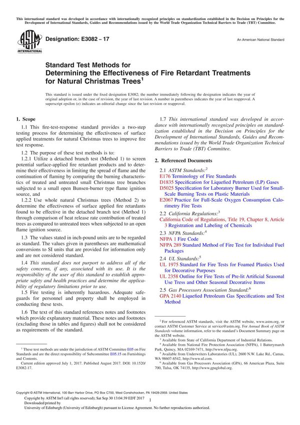 ASTM E3082-17 Standard Test Methods for Determining the Effectiveness of Fire Retardant Treatments for Natural Christmas Tree