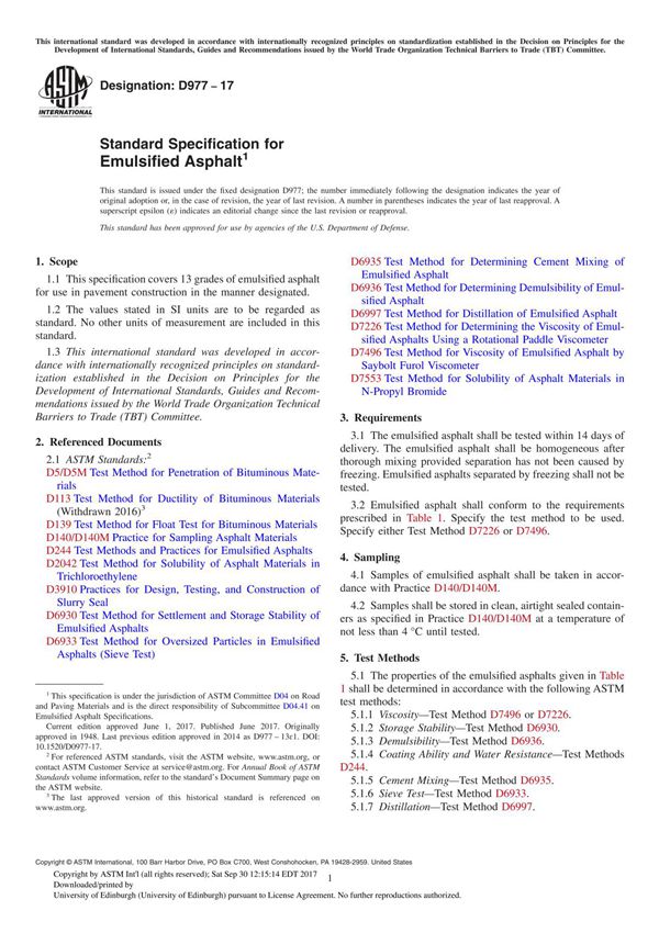 ASTM D977-17 Standard Specification for Emulsified Asphalt