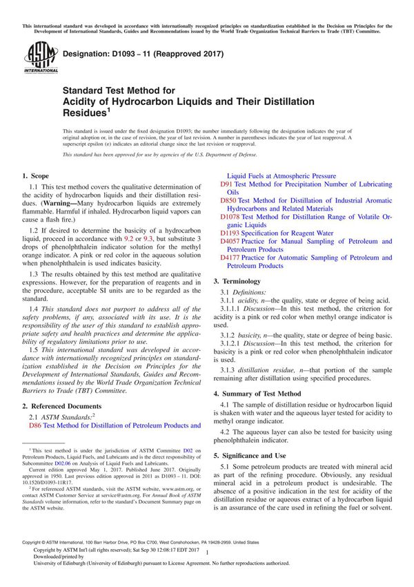 ASTM D1093-11(2017) Standard Test Method for Acidity of Hydrocarbon Liquids and Their Distillation Residue