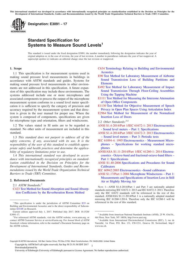ASTM E3091-17 Standard Specification for Systems to Measure Sound Level