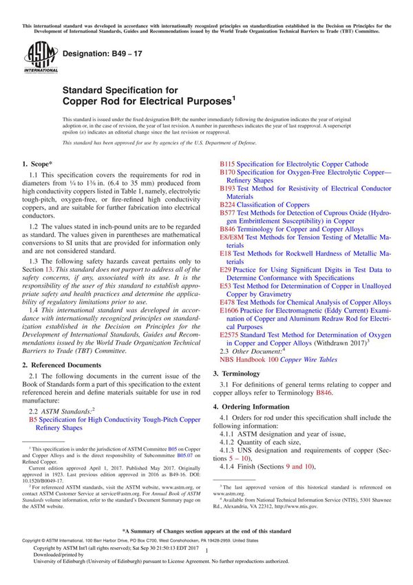 ASTM B49-17 Standard Specification for Copper Rod for Electrical Purpose