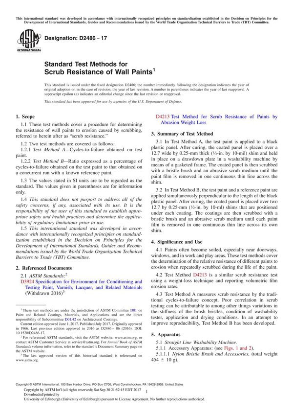 ASTM D2486-17 Standard Test Methods for Scrub Resistance of Wall Paint
