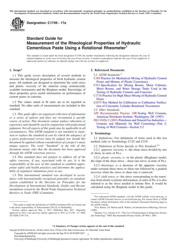 ASTM C1749-17a Standard Guide for Measurement of the Rheological Properties of Hydraulic Cementious Paste Using a Rotational Rhe