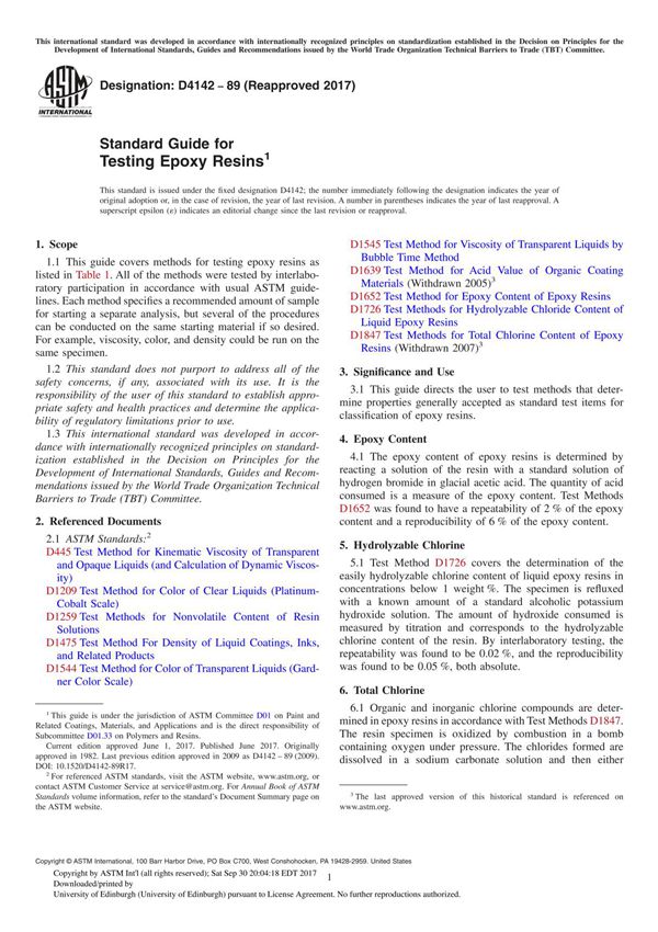 ASTM D4142-89(2017) Standard Guide for Testing Epoxy Resin