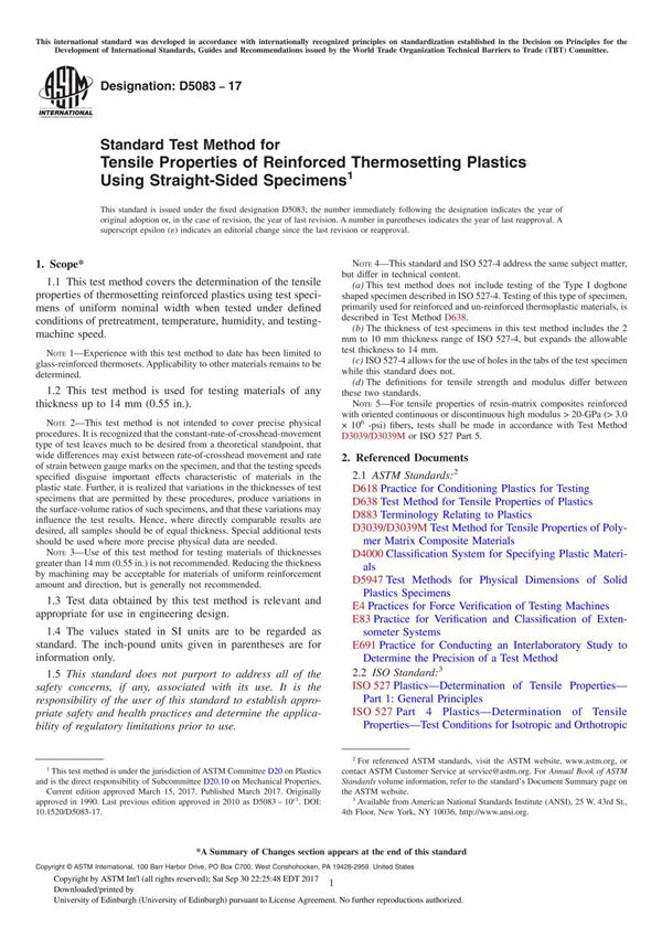 ASTM D5083-17 Standard Test Method for Tensile Properties of Reinforced Thermosetting Plastics Using Straight-Sided Specimen