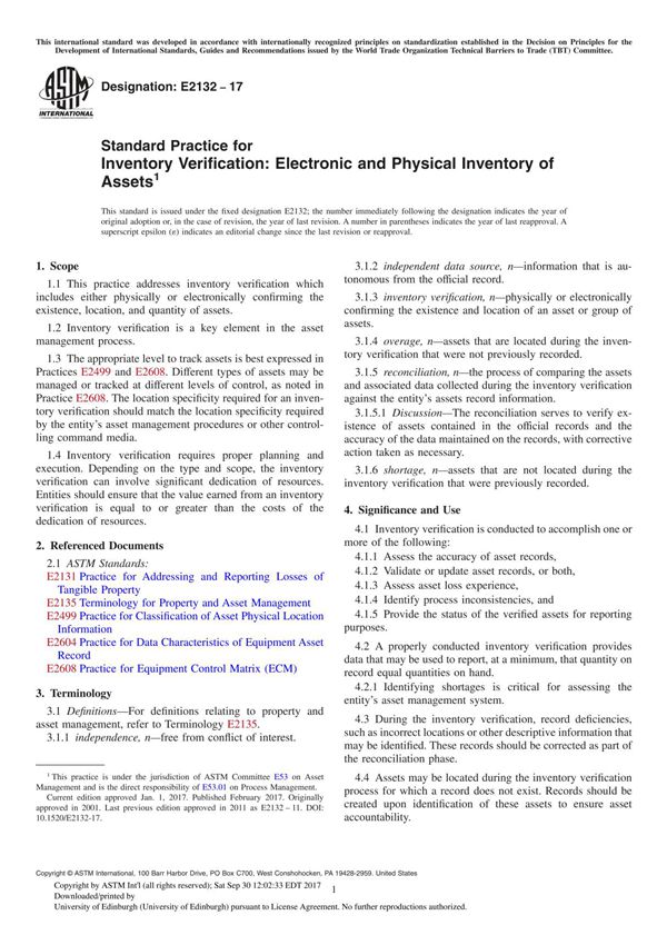 ASTM E2132-17 Standard Practice for Inventory Verification Electronic and Physical Inventory of Asset