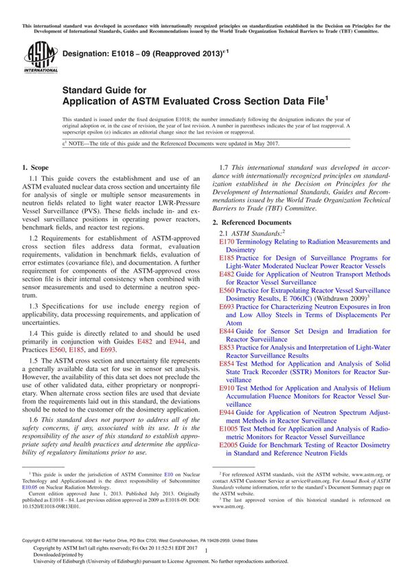 ASTM E1018-09(2013)e1 Standard Guide for Application of ASTM Evaluated Cross Section Data File