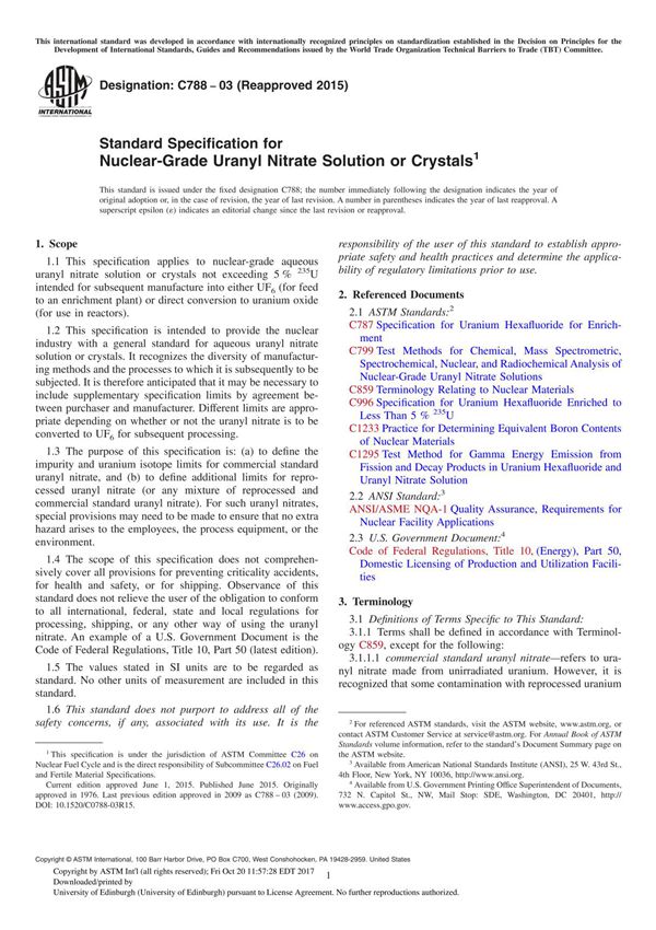 ASTM C788-03(2015) Standard Specification for Nuclear-Grade Uranyl Nitrate Solution or Crystal