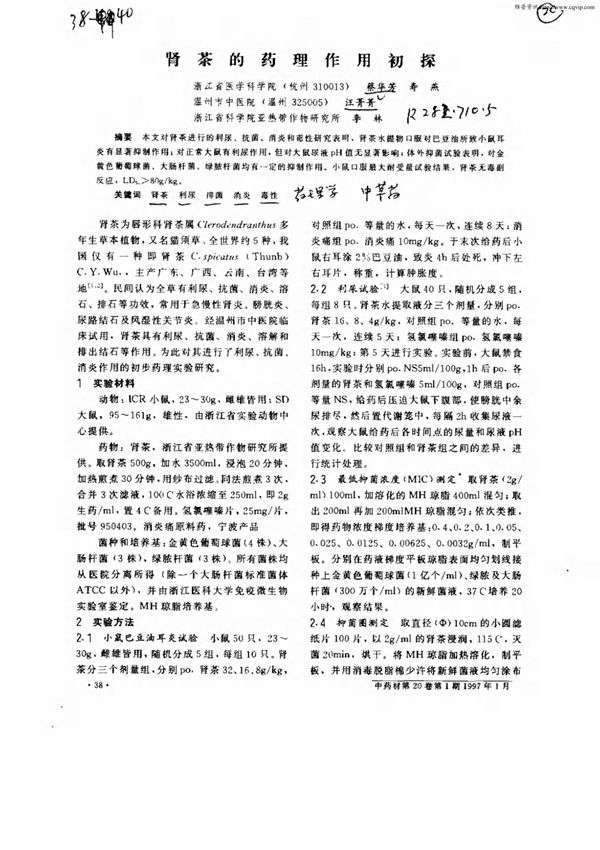 肾茶的药理作用初探