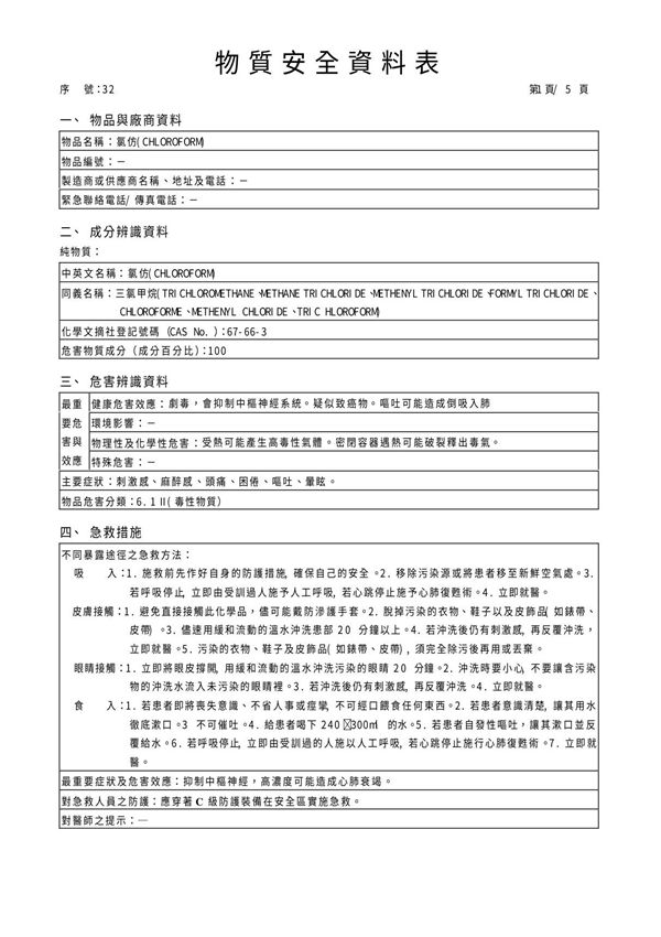 物性表 MSDS 氯仿(CHLOROFORM)