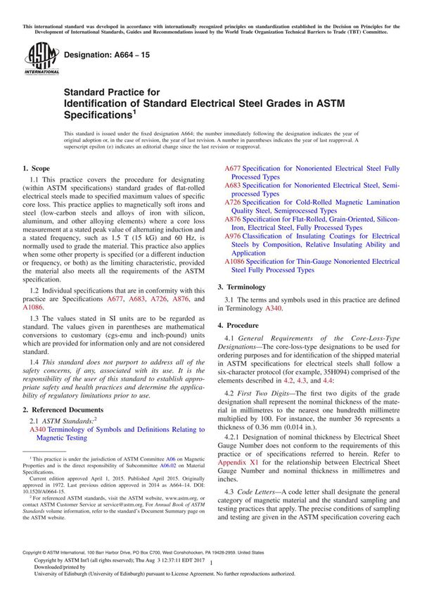 ASTM A66415 Standard Practice for Identification of Standard Electrical Steel Grades in ASTM Specifications1