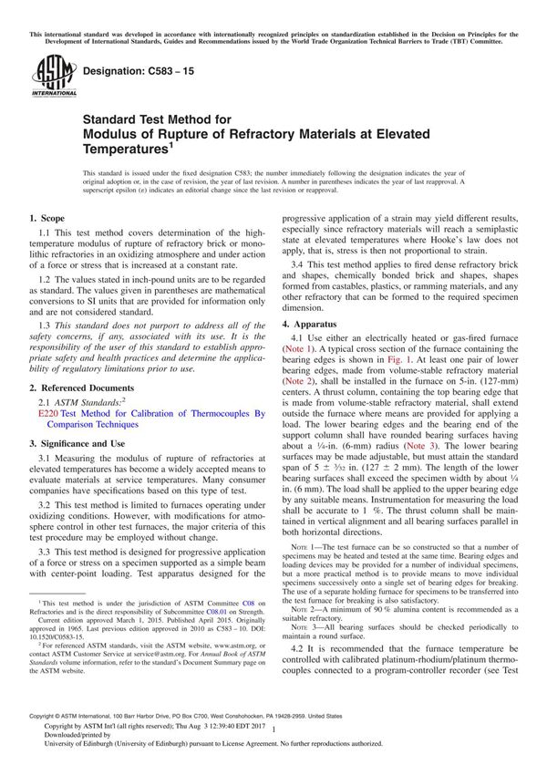 ASTM C583-15 Standard Test Method for Modulus of Rupture of Refractory Materials at Elevated Temperatures1