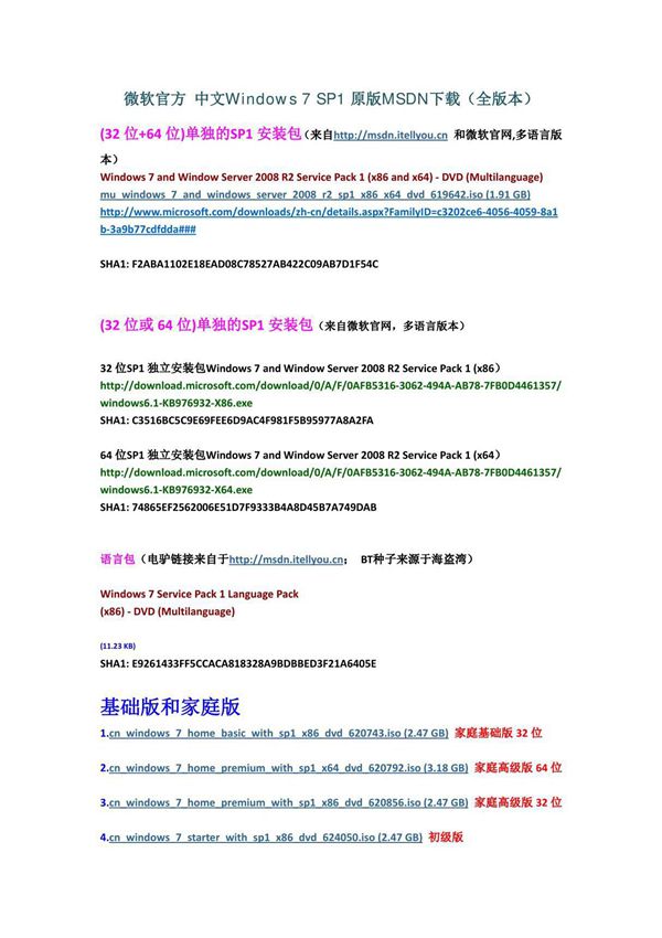 微软官方 中文Windows 7 SP1原版MSDN下载(全版本)