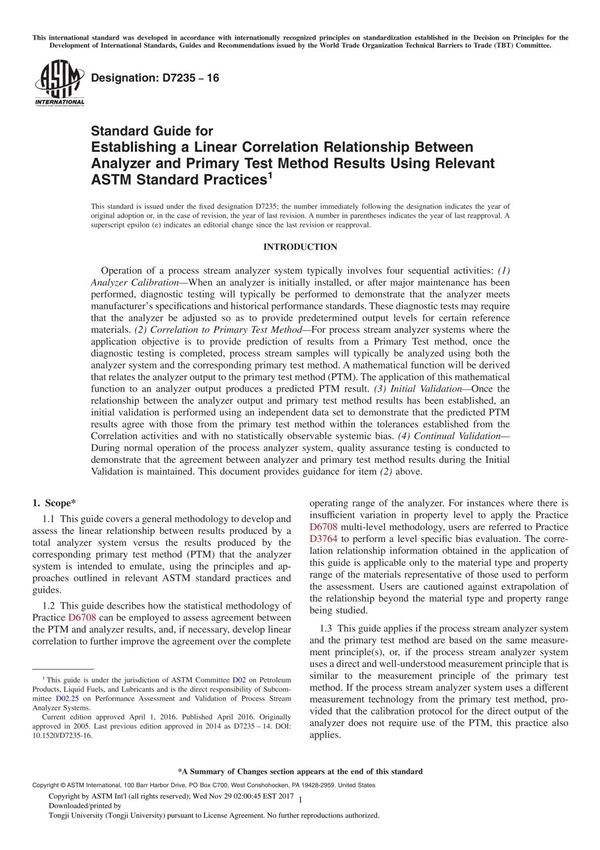 ASTM D7235-16 Standard Guide for Establishing a Linear Correlation Relationship Between Analyzer and Primary Test Method Result