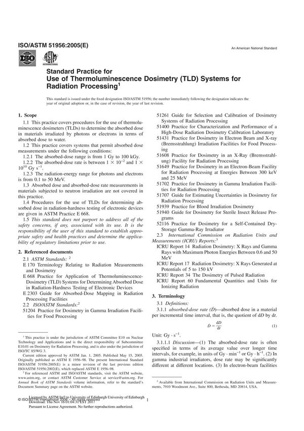 ISO ASTM51956 - 05 Standard Practice for Use of Thermoluminescence-Dosimetry (TLD) Systems for Radiation Processing