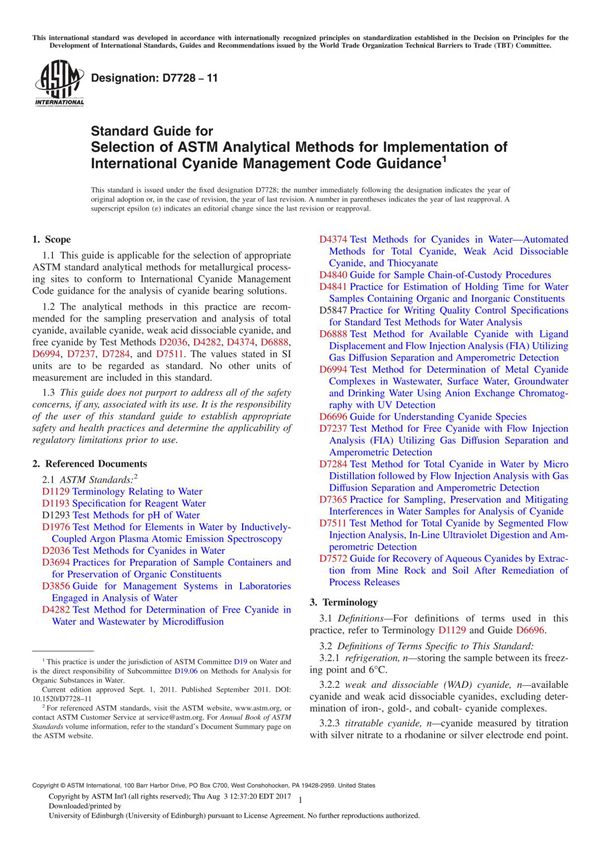 ASTM D7728 11 Standard Guide for Selection of ASTM Analytical Methods for Implementation of International Cyanide Management C