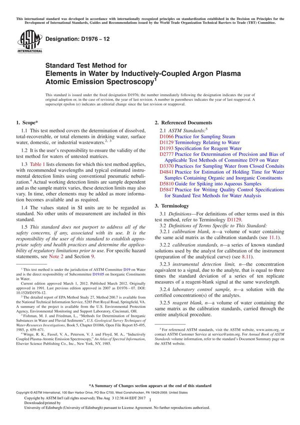ASTM D1976 12 Standard Test Method for Elements in Water by Inductively-Coupled Argon Plasma Atomic Emission Spectroscopy1