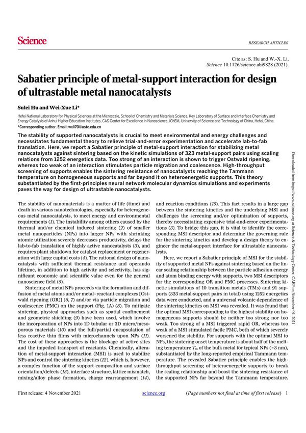 Sabatier principle of metal-support interaction for design of ultrastable metal nanocatalysts