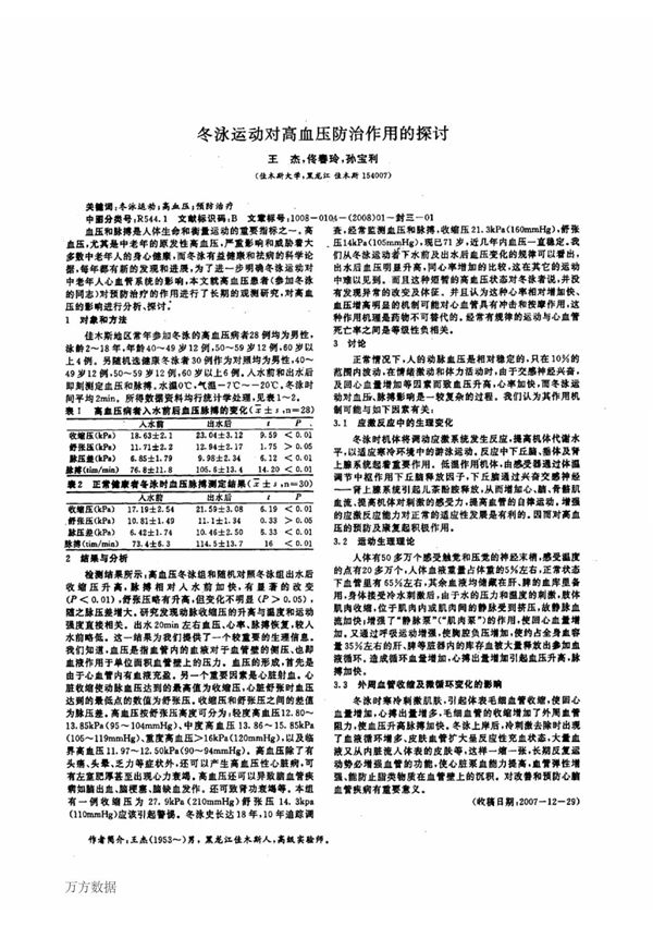 冬泳运动对高血压防治作用的探讨