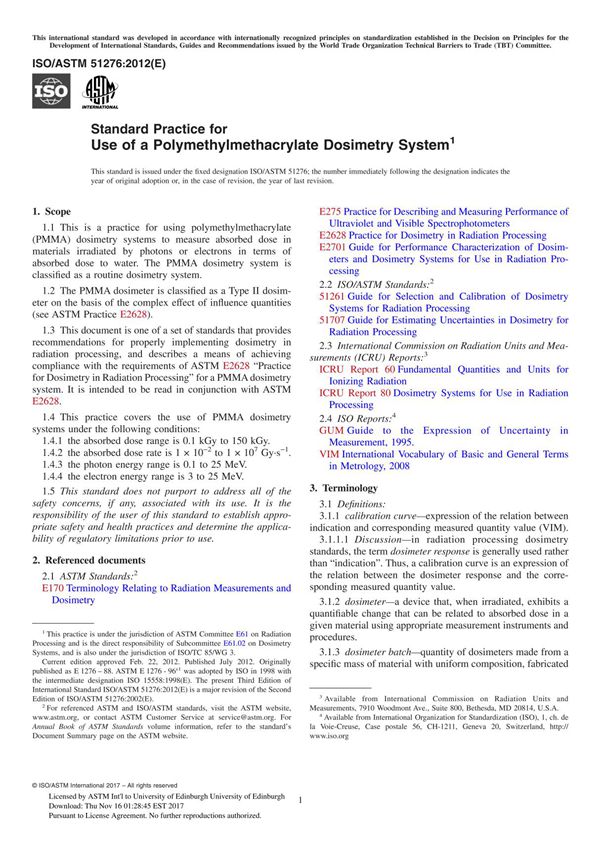 ASTM ISO ASTM 51276-12 Standard Practice for Use of a Polymethylmethacrylate Dosimetry System