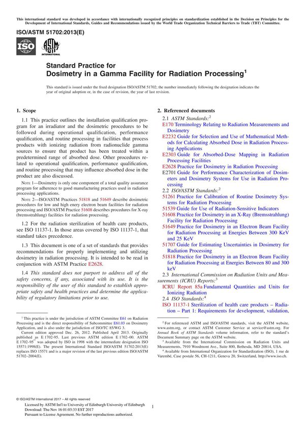 ASTM ISO ASTM 51702-13 Standard Practice for Dosimetry in a Gamma Facility for Radiation Processing