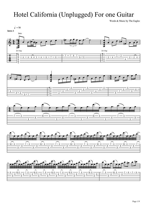 加州旅馆--原版独奏吉他谱