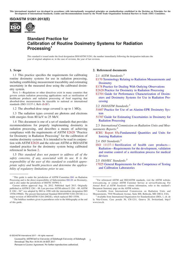 ASTM ISO ASTM 51261-13 Standard Practice for Calibration of Routine Dosimetry Systems for Radiation Processing
