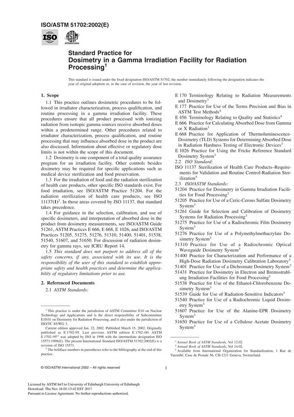 ISO ASTM 51702 - 02 Standard Practice for Dosimetry in a Gamma Irradiation Facility for Radiation Processing