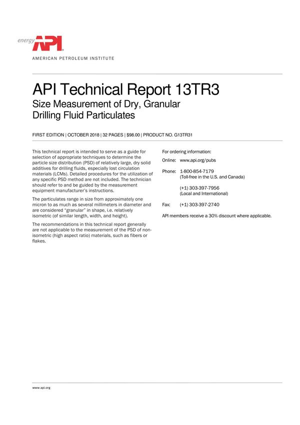 API TR 13TR3《干式 粒状钻井液颗粒物的粒径测量》第一版