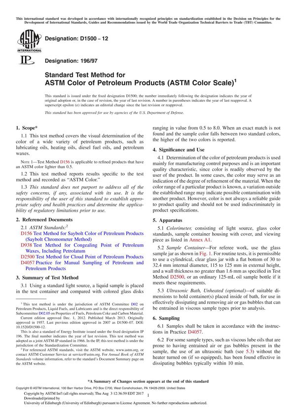 ASTM D1500 12 Standard Test Method for ASTM Color of Petroleum Products (ASTM Color Scale)1