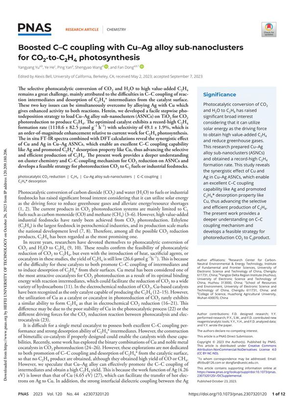 Boosted C–C coupling with Cu–Ag alloy sub-nanoclusters for CO 2 -to-C 2 H 4 photosynthesis(科研通-ablesci.com)