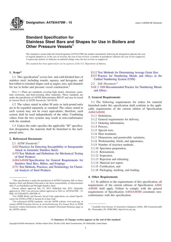 ASTM A479 A479M-15 锅炉和其他压力容器用不锈钢棒材和型材标准技术条件