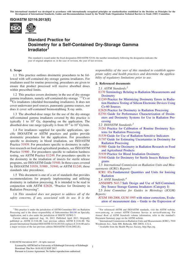 ASTM ISO ASTM 52116-13 Standard Practice for Dosimetry for a Self-Contained Dry-Storage Gamma Irradiator